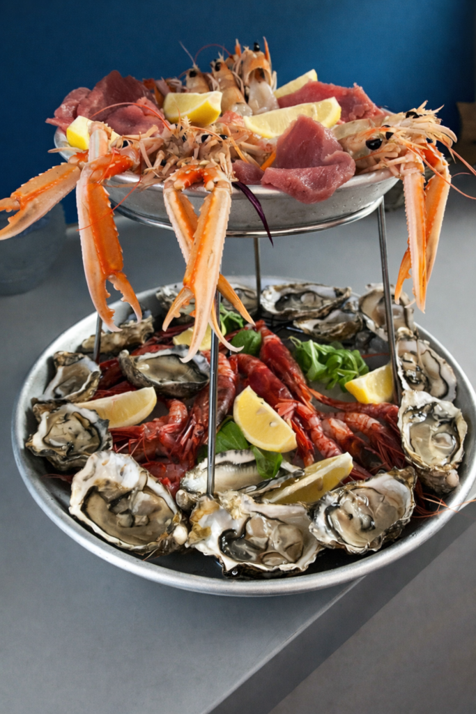 Plateau Royal una cascata di pesce fresco ostriche gamberi rossi scampi e tartare selezinate